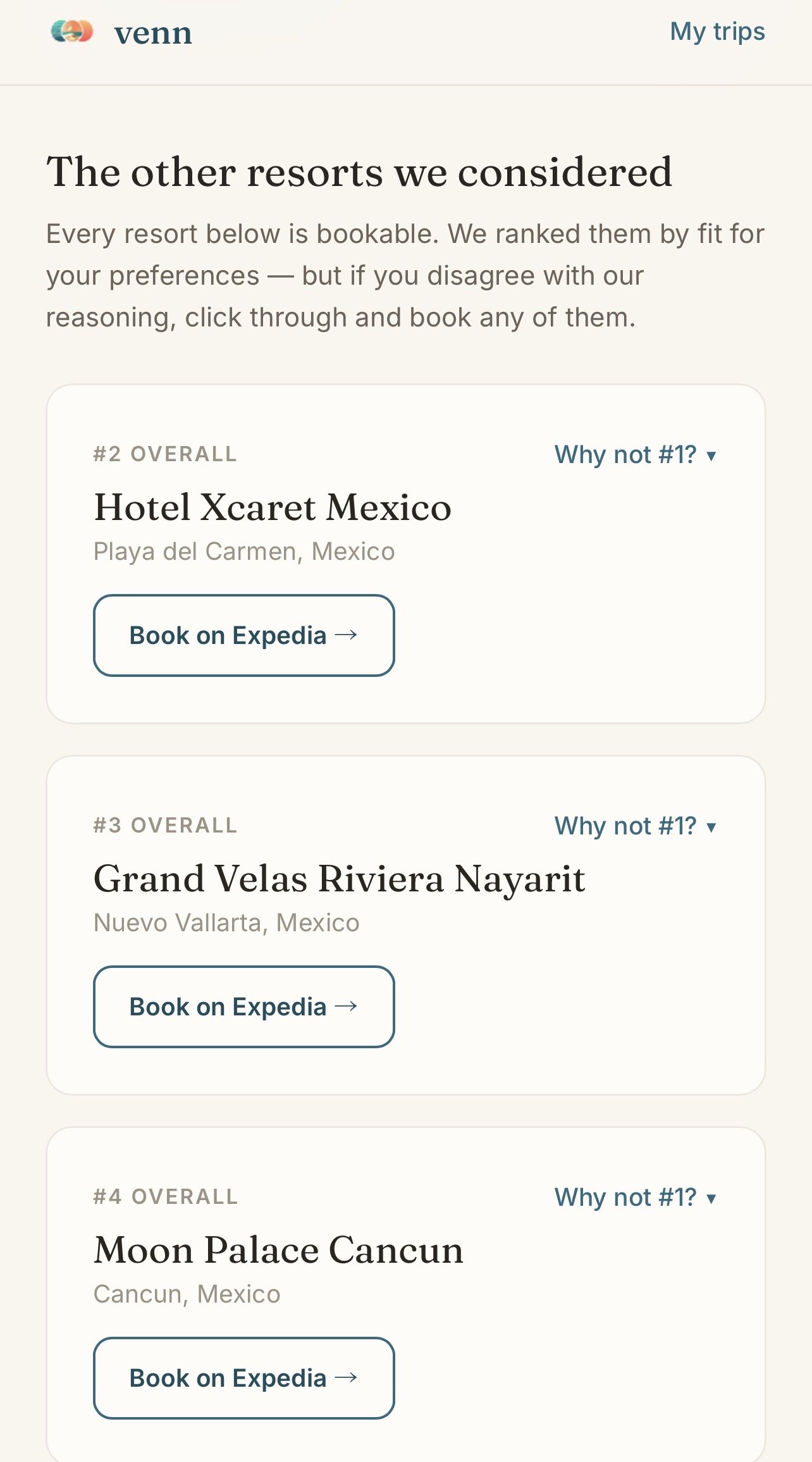 Result: ranked list of alternative resorts with booking links