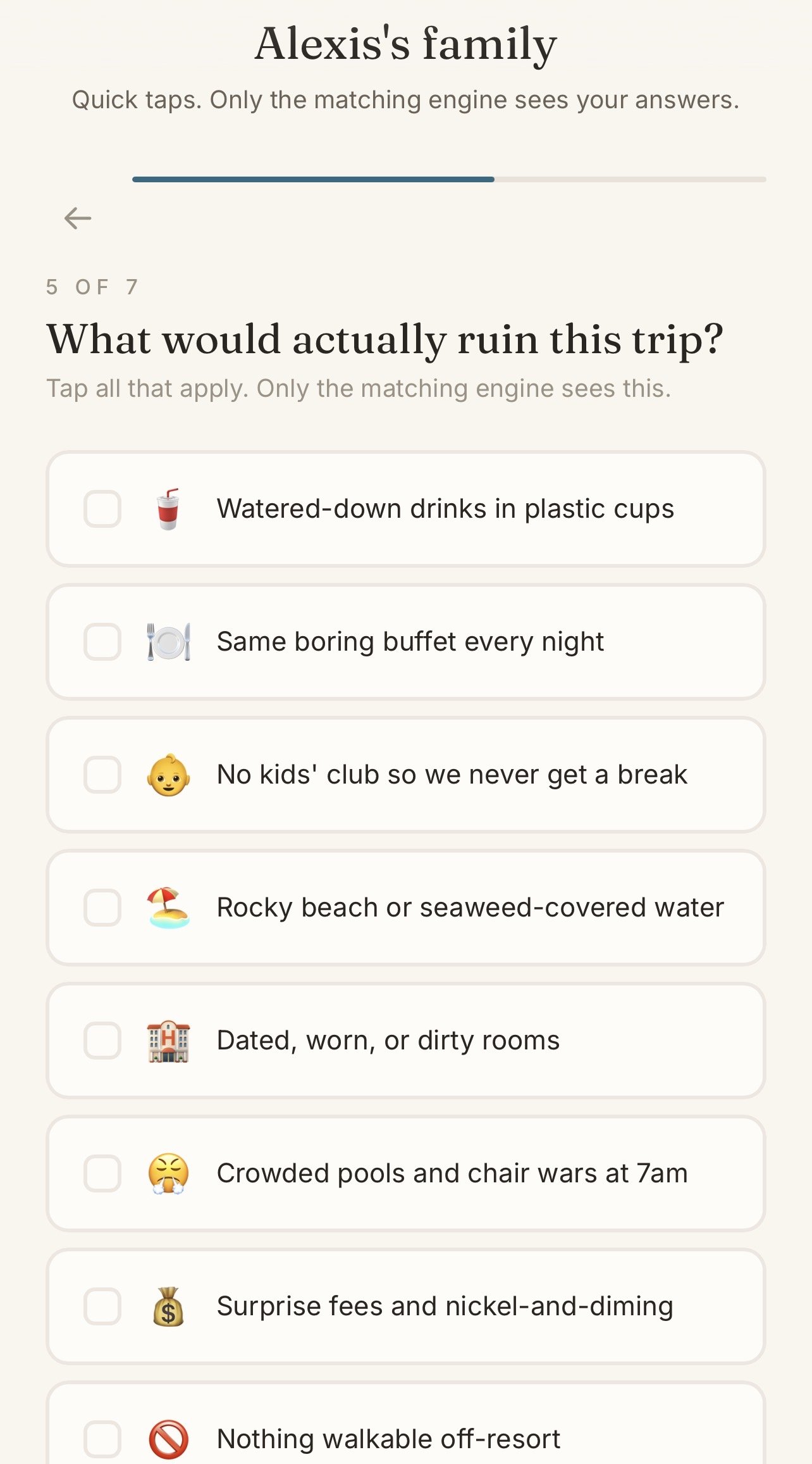 Quiz: what would actually ruin this trip — tap your deal-breakers