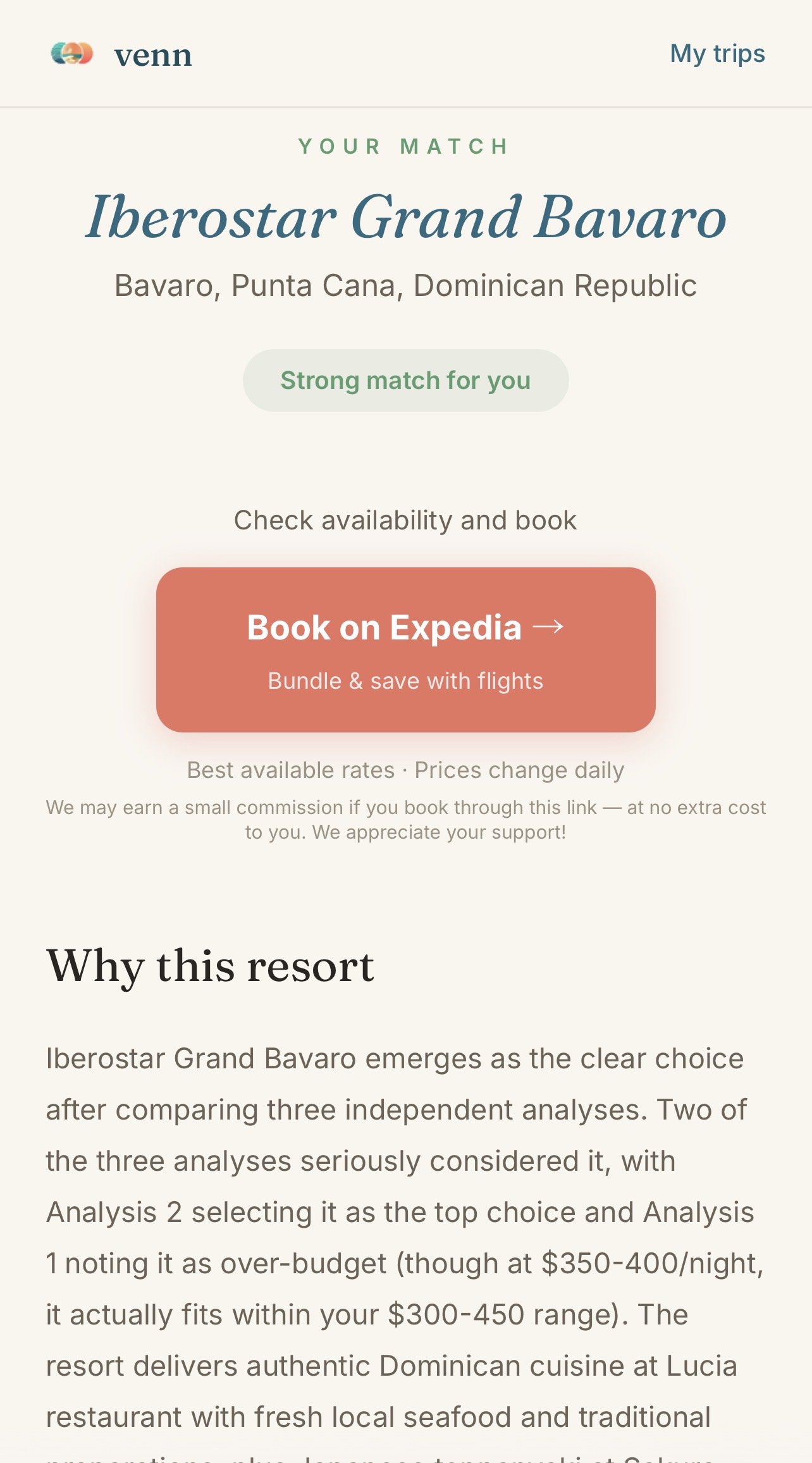 Result: resort recommendation with confidence score and reasoning